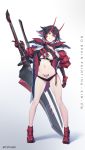  1girl armor artist_name ass_visible_through_thighs black_hair breasts full_body highres holding holding_sword holding_weapon horns large_breasts looking_at_viewer navel nian original pubic_tattoo red_eyes short_hair solo standing sword tattoo underboob watermark weapon 