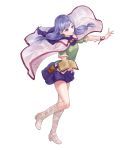  1girl bangs belt_pouch book boots cape capelet circlet eyebrows_visible_through_hair fire_emblem fire_emblem:_path_of_radiance fire_emblem_heroes hanekoto highres holding holding_book ilyana_(fire_emblem) jewelry knee_boots leg_up long_hair looking_away miniskirt official_art open_book parted_lips pouch purple_eyes purple_hair purple_skirt shiny shiny_hair short_sleeves skirt solo tied_hair transparent_background white_footwear 