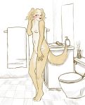  2020 aggressive_retsuko anthro bathroom blush breasts canid canine canis crotch_tuft deermouze domestic_dog female front_view full-length_portrait hand_on_leg hand_on_thigh hi_res inui_(aggressive_retsuko) mammal nipples nude portrait sanrio solo standing toilet tuft 