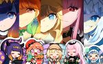  &gt;_&lt; +_+ 5girls :d artist_name blonde_hair blue_eyes blush bottle brand_name_imitation chibi close-up closed_eyes deerstalker dual_wielding fried_chicken gawr_gura gradient_hair green_hair green_ribbon grin hat highres holding hololive hololive_english long_hair looking_at_viewer monocle_hair_ornament mori_calliope multicolored_hair multiple_girls neck_ribbon ninomae_ina&#039;nis no_mole open_mouth orange_hair parted_lips pink_hair pokey purple_eyes purple_hair red_eyes ribbon shark_hood sharp_teeth smile syringe tablet_pc takanashi_kiara teeth tentacle_hair tentacles tiara veil virtual_youtuber watson_amelia wine_bottle xd 