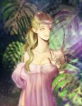  1girl arm_at_side bare_shoulders berry_(dreamoffancy) blue_eyes blurry braid breasts cleavage closed_mouth collarbone dappled_sunlight detached_collar dress elf english_commentary hair_strand half_updo hand_up highres leaf light_particles long_hair looking_at_viewer original pink_dress plant pointy_ears smile solo sunlight tiara upper_body wavy_hair 