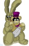  absurd_res animatronic anthro balls bow_tie clothing duo five_nights_at_freddy&#039;s five_nights_at_freddy&#039;s_4 fredbear_(fnaf) genitals green_body half-closed_eyes hat headgear headwear hi_res humanoid_genitalia humanoid_penis lagomorph leporid machine male male/male mammal narrowed_eyes penis plushie plushtrap_(fnaf) plushtrapboyuwu rabbit robot sharp_teeth simple_background size_difference smile spread_legs spreading teeth top_hat ursid video_games white_background yellow_body 