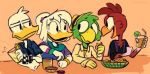  anatid anseriform anthro avian beverage bird bracelet chicken clothing della_duck disney donald_duck duck ducktales ducktales_(2017) female food galliform gallus_(genus) group hat headgear headwear jewelry jos&eacute;_carioca low_res male panchito_pistoles parrot phasianid shirt topwear verdetempera 