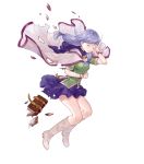  1girl bangs belt_pouch blush book boots cape capelet circlet drooling eyebrows_visible_through_hair fire_emblem fire_emblem:_path_of_radiance fire_emblem_heroes hanekoto highres hungry ilyana_(fire_emblem) jewelry knee_boots long_hair miniskirt official_art pouch purple_hair purple_skirt saliva shiny shiny_hair short_sleeves skirt solo tied_hair torn_capelet torn_clothes torn_skirt transparent_background white_footwear 