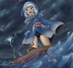  1girl :d alloyrabbit bike_shorts blue_eyes blue_hair blush boat cloud collarbone commentary dutch_angle english_commentary eyebrows_visible_through_hair fishing_line gawr_gura giantess highres hololive hololive_english lightning long_hair open_mouth outdoors rain shark_hood sharp_teeth sky sleeves_past_fingers sleeves_past_wrists smile storm teeth virtual_youtuber water watercraft waves 