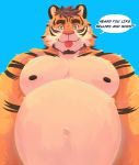  2020 anthro belly blue_background english_text felid hi_res male mammal moobs naikuma nipples overweight overweight_anthro overweight_male pantherine simple_background solo text tiger tongue tongue_out 