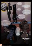  anthro azaleesh black_body black_fur black_hair brown_body brown_fur clothed clothing comic dialogue digital_media_(artwork) duo ear_piercing english_text facial_hair felid fur hair hi_res jesse male mammal piercing standing suit text url 