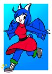  anthro belt blue_hair boots chiropteran claws clothed clothing dress female footwear hair hi_res mammal one_eye_closed open_mouth rex_santos solo spread_wings wings wink 