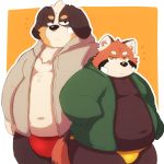  1:1 2020 96tning ailurid anthro belly bernese_mountain_dog black_body black_fur black_nose brown_body brown_fur bulge canid canine canis clothed clothing domestic_dog duo fur hoodie kemono male mammal molosser mountain_dog navel open_clothing open_hoodie open_topwear overweight overweight_male red_panda swiss_mountain_dog topwear underwear white_body white_fur 