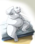  2010 4:5 anthro balls bed belly blush bodily_fluids fur furniture genitals kemono male mammal monochrome_(series) moobs overweight overweight_anthro overweight_male penis polar_bear sitting solo sweat takagi_kyou ursid ursine white_body white_fur wight_bracken 