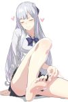  1girl ak-12_(girls_frontline) bangs bare_legs barefoot blush breasts closed_eyes commentary feet girls_frontline heart kageshio_(276006) large_breasts long_hair shirt sidelocks silver_hair simple_background sitting skirt smile soles solo toes white_shirt 