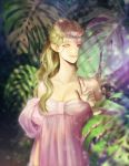  1girl arm_at_side bare_shoulders berry_(dreamoffancy) blue_eyes blurry bokeh braid breasts cleavage closed_mouth collarbone dappled_sunlight depth_of_field detached_collar dress elf english_commentary hair_strand half_updo hand_up highres leaf long_hair looking_at_viewer original pink_dress plant pointy_ears smile solo sunlight tiara upper_body wavy_hair 