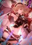  absurdres armpits blonde_hair blush breasts brown_eyes capelet cleavage_cutout cloak conqueror_of_the_eternals djeeta_(granblue_fantasy) ear_piercing granblue_fantasy hairband highres medium_breasts midriff navel piercing rice_tea short_hair short_shorts shorts stomach tagme 