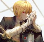  1boy bangs black_neckwear blonde_hair blood blood_on_face blood_on_fingers blurry chain coat depth_of_field earrings expressionless eyeball eyebrows_visible_through_hair hair_between_eyes hands_together hunter_x_hunter jewelry kurapika looking_at_viewer mmo_(mmo_omm938) necktie red_eyes ring rust solo thumb_ring 