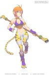  1girl animal_ears breasts breath_of_fire breath_of_fire_ii bustier cat_ears cat_tail cleavage closed_mouth english_commentary facial_mark furry gloves gofelem green_eyes looking_at_viewer no_panties no_pants orange_hair pointy_ears rinpoo_chuan short_hair simple_background solo staff tail weapon white_background 