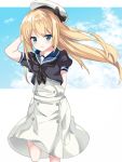  1girl arm_behind_back blonde_hair blue_eyes blue_sailor_collar blue_sky cloud dress fathom hat highres holding holding_clothes holding_hat jervis_(kantai_collection) kantai_collection long_hair looking_at_viewer sailor_collar sailor_dress sailor_hat short_sleeves sky solo white_dress white_headwear 