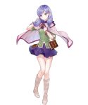  1girl bangs belt_pouch blush book boots cape capelet circlet eyebrows_visible_through_hair fire_emblem fire_emblem:_path_of_radiance fire_emblem_heroes hand_on_own_chest hand_up hanekoto highres ilyana_(fire_emblem) jewelry knee_boots long_hair looking_at_viewer miniskirt official_art pouch purple_eyes purple_hair purple_skirt shiny shiny_hair short_sleeves skirt solo standing tied_hair transparent_background white_footwear 