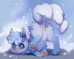  2020 3_toes alolan_vulpix ass_up blue_body blue_eyes blue_fur blush bodily_fluids butt castitas digital_media_(artwork) english_text feet female feral fur genital_fluids genitals looking_at_viewer lying multi_tail multicolored_body multicolored_fur nintendo on_front pawpads paws pok&eacute;mon pok&eacute;mon_(species) pouting pussy pussy_juice pussy_juice_on_tail pussy_juice_string raised_tail regional_form_(pok&eacute;mon) simple_background snow snowing solo spread_legs spreading text toes video_games white_body white_fur 