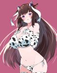  1girl animal_ears animal_print azur_lane bangs bare_shoulders bikini blush breast_suppress breasts brown_hair cleavage collarbone commentary_request cow_ears cow_horns cow_print cowboy_shot elbow_gloves eyebrows_visible_through_hair gloves groin hair_ornament hair_ribbon horns kashino_(azur_lane) large_breasts long_hair looking_at_viewer midriff navel parted_lips purple_eyes red_background ribbon side-tie_bikini sidelocks simple_background solo standing swimsuit thighhighs underboob white_bikini white_gloves white_legwear white_ribbon youhei_64d 