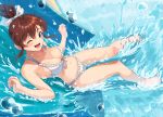  1girl ;d bangs bare_arms bare_legs bare_shoulders barefoot bikini blue_eyes blush bow breasts brown_hair cleavage collarbone commentary_request eyebrows_visible_through_hair frilled_bikini frills from_side full_body hair_bow idolmaster idolmaster_million_live! kamille_(vcx68) long_hair looking_at_viewer looking_to_the_side medium_breasts nail_polish navel one_eye_closed open_mouth pink_nails ponytail pool satake_minako sidelocks smile solo splashing stomach swimsuit water water_drop water_slide white_bikini white_bow 