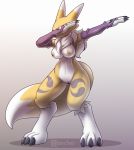  anthro armwear belly black_claws breasts bridal_gauntlets canid canine claws clothing dabbing digimon digimon_(species) female fingers fox fur genitals gloves handwear hi_res mammal markings meme mostly_nude nancher neck_tuft nipples purple_markings pussy renamon solo standing toe_claws tuft white_belly yellow_body yellow_fur 