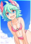  1girl ahoge azure_striker_gunvolt bikini blue_eyes blue_sky breasts cleavage cougar1404 green_hair gunvolt_chronicles_luminous_avenger_ix headgear looking_at_viewer ocean open_mouth roro_(gunvolt) short_hair sky smile solo swimsuit 