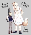  alternate_species anthro beastars bodily_fluids bottomwear canid canine canis clothed clothing dress duo female footwear fully_clothed grey_background haru_(beastars) hi_res kaleidosouls lagomorph larger_female legoshi_(beastars) leporid looking_down male mammal pants rabbit school_uniform shoes simple_background size_difference smaller_male standing sweat topwear uniform vest wolf 