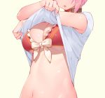  1girl :o bikini bikini_under_clothes bow breasts cleavage frilled_bikini frills head_out_of_frame lifted_by_self medium_breasts navel open_mouth pink_hair princess_connect! princess_connect!_re:dive red_bikini shirt_lift short_hair short_sleeves simple_background solo stomach swimsuit underboob undressing upper_body waterring white_background white_bow yui_(princess_connect!) 