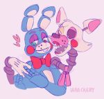  animatronic black_sclera blue_body blush buckteeth canid canine clothing duo eyelashes eyeshadow female fingers five_nights_at_freddy&#039;s five_nights_at_freddy&#039;s_2 fox gloves handwear lagomorph leporid lips machine makeup male mammal mangle_(fnaf) pink_background pink_body rabbit red_cheeks ribbons robot sharp_teeth simple_background smile teeth toy_bonnie_(fnaf) video_games waackery white_body yellow_sclera 