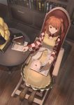  1girl apron bell book bookshelf casterluex chair checkered checkered_shirt from_above glasses green_skirt hair_bell hair_ornament looking_at_viewer motoori_kosuzu phonograph red_eyes red_hair shirt sitting skirt smile solo table touhou turning_page two_side_up wooden_floor yellow_apron 