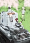  3girls aki_(girls_und_panzer) black_eyes black_hair breasts brown_eyes brown_hair bt-42 caterpillar_tracks cherry_blossoms day emblem food girls_und_panzer grass ground_vehicle hat highres instrument kantele keizoku_(emblem) keizoku_military_uniform light_brown_eyes light_brown_hair long_hair mika_(girls_und_panzer) mikko_(girls_und_panzer) military military_vehicle motor_vehicle multiple_girls one_eye_closed open_mouth sausage shirt short_hair shovel skirt smile spring_(season) tank tree twintails zafuri_(yzrnegy) 