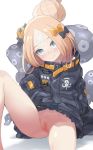  1girl abigail_williams_(fate/grand_order) bandaid bandaid_on_forehead bangs belt black_jacket blonde_hair blue_eyes blush bow censored closed_mouth crossed_bandaids fate/grand_order fate_(series) hair_bow hair_bun heroic_spirit_traveling_outfit jacket long_hair long_sleeves looking_at_viewer no_panties nurami_shoji parted_bangs pussy simple_background sitting sleeves_past_fingers sleeves_past_wrists smile solo spread_legs tentacles white_background 