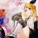  1girl aihara-rina artist_name bangs black_bow black_legwear black_shirt blonde_hair blue_eyes boots bow cross-laced_footwear detached_sleeves hair_ornament hairband hairclip hand_on_own_cheek kagamine_rin knee_boots knees_up lace-up_boots lace-up_top looking_at_viewer parted_lips roshin_yuukai_(vocaloid) shirt short_hair short_sleeves sitting solo swept_bangs thighhighs two-tone_bow two-tone_shirt vocaloid white_bow white_footwear white_shirt 