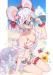  1girl :d animal_ears bangs bare_shoulders beach bikini blue_sky blush breasts cleavage cloud collarbone day eyebrows_visible_through_hair fake_animal_ears flower granblue_fantasy hair_flower hair_ornament jiman leg_garter looking_at_viewer mountain mouse_ears navel open_mouth outdoors rat red_eyes sand short_hair silver_hair sitting sky smile solo star-shaped_eyewear swimsuit vikala_(granblue_fantasy) water wet 