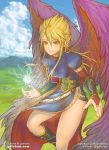  1girl blonde_hair boots breasts breath_of_fire breath_of_fire_ii bridal_gauntlets commentary dress gofelem green_eyes knee_boots long_hair looking_at_viewer magic nina_(breath_of_fire_ii) purple_wings side_slit solo wings 