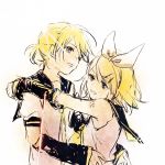  1boy 1girl aihara-rina arm_warmers bangs bare_shoulders black_collar black_sleeves blonde_hair bow collar crop_top grin hair_bow hair_ornament hairclip hands_on_another&#039;s_shoulders hands_on_another&#039;s_waist hug kagamine_len kagamine_rin lens_flare neckerchief necktie sailor_collar school_uniform shirt short_hair short_ponytail short_sleeves shoulder_tattoo sketch smile spiked_hair swept_bangs tattoo upper_body vocaloid white_bow white_shirt yellow_neckwear 