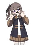  1girl ags-30_(girls_frontline) bangs black_ribbon blue_eyes brown_hair brown_shirt brown_skirt collared_shirt dokomon eyebrows_visible_through_hair fake_facial_hair fake_mustache girls_frontline hair_between_eyes hair_ribbon hands_up head_tilt highres long_hair long_sleeves looking_at_viewer one_side_up open_mouth ribbon shirt simple_background skirt solo upper_teeth white_background 