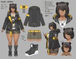 1girl :&lt; absurdres animal_ears armband bear_ears bear_tail belt black_hair cellphone character_sheet commentary dark_skin eating english_commentary english_text exaxuxer food full_body grey_background hair_between_eyes hair_over_one_eye hamburger highres hood hood_down hooded_jacket jacket jewelry kuma_cross_(exaxuxer) mole mole_under_mouth open_clothes open_jacket original pendant phone plump print_shirt shirt shoes short_hair shorts smartphone smile sneakers socks solo tail tomboy typo yellow_belt yellow_eyes 