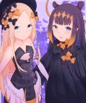  2girls abigail_williams_(fate/grand_order) absurdres bangs bare_shoulders black_bow black_dress black_headwear blonde_hair blue_eyes bow breasts closed_mouth cosplay costume_switch detached_sleeves dress fate/grand_order fate_(series) forehead hair_bow hat highres hololive hololive_english long_hair lost_b&#039;unny low_wings multiple_bows multiple_girls ninomae_ina&#039;nis open_mouth orange_bow parted_bangs pointy_ears polka_dot polka_dot_bow purple_hair ribbed_dress sidelocks single_detached_sleeve sleeves_past_fingers sleeves_past_wrists small_breasts smile tentacle_hair wings 