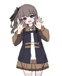 1girl ags-30_(girls_frontline) bangs black_ribbon blue_eyes brown_hair brown_shirt brown_skirt collared_shirt commentary_request dokomon eyebrows_visible_through_hair girls_frontline hair_between_eyes hair_ribbon hands_up head_tilt highres korean_commentary long_hair long_sleeves looking_at_viewer one_side_up open_mouth ribbon shirt simple_background skirt solo upper_teeth white_background 