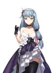  1girl absurdres alternate_costume angcha assault_rifle blue_hair breasts choker cleavage dress girls_frontline green_eyes gun h&amp;k_g11 h&amp;k_hk416 hair_ornament highres hk416_(girls_frontline) large_breasts long_hair rifle smile solo thighhighs weapon 