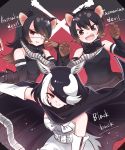  3girls :d absurdres animal_ears antelope_ears antelope_horns australian_devil_(kemono_friends) bangs bare_shoulders batten_japari_dan black_bow black_cape black_hair black_neckwear blackbuck_(kemono_friends) bow bowtie brown_eyes brown_gloves brown_hair cape center_frills character_name claw_pose commentary_request detached_sleeves eyebrows_visible_through_hair eyepatch fang fangs frills gloves gradient_hair hair_over_one_eye highres horns kemono_friends long_hair medical_eyepatch multicolored_hair multiple_girls open_mouth outstretched_arm pose red_eyes short_hair smile swept_bangs tasmanian_devil_(kemono_friends) tasmanian_devil_ears tmtkn1 two-tone_hair v-shaped_eyebrows white_hair 