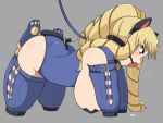  1girl all_fours animal_ears ball_gag bdsm bell bell_collar blonde_hair bondage bound bound_arms bound_legs breasts collar drill_hair fake_animal_ears fake_tail fate_(series) gag gagged grey_background hanging_breasts human_dog large_breasts leash long_hair luviagelita_edelfelt pasties restrained ribeiku saliva tail yellow_eyes 