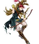 1boy arrow_(projectile) belt boots bow_(weapon) cape fire_emblem fire_emblem:_path_of_radiance fire_emblem_heroes full_body green_eyes highres long_hair official_art ponytail quiver red_hair shinon_(fire_emblem) solo teeth torn_clothes transparent_background wada_sachiko weapon 