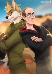  2020 5_fingers anthro canid canine canis clothed clothing day detailed_background digital_media_(artwork) domestic_dog duo eyewear fingers glasses green_eyes human kammi-lu male mammal outside sky 