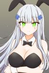  1girl absurdres alternate_costume animal_ears assault_rifle breasts bunny_ears bunny_girl bunnysuit check_commentary commentary_request facial_mark girls_frontline green_eyes gun h&amp;k_hk416 hair_ornament highres hk416_(girls_frontline) huge_breasts long_hair looking_at_viewer partial_commentary rifle risshu silver_hair smile solo weapon 