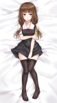  1girl :o absurdres armband bangs bed_sheet black_dress black_legwear blunt_bangs blush breasts brown_eyes brown_hair collarbone commentary_request covering covering_crotch dress dress_tug eyebrows_visible_through_hair from_above full_body highres hosh iino_miko kaguya-sama_wa_kokurasetai_~tensai-tachi_no_renai_zunousen~ knees_together_feet_apart long_hair long_sleeves looking_at_viewer low_twintails lying no_shoes on_back open_mouth pantyhose pantyhose_pull pinafore_dress red_ribbon ribbon school_uniform shirt short_sleeves shuuchiin_academy_uniform solo summer_uniform twintails white_shirt 