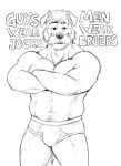  2020 anthro beard biceps black_and_white briefs canid canine canis clothed clothing crossed_arms domestic_dog english_text facial_hair gabshiba looking_at_viewer male mammal mature_male monochrome muscular muscular_anthro muscular_male mustache navel pecs solo text topless underwear 