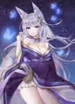  1girl absurdres animal_ear_fluff animal_ears arm_up artist_name azur_lane bangs bare_shoulders blunt_bangs breasts bug butterfly cleavage cowboy_shot eyebrows_visible_through_hair fox_ears grey_hair hair_between_eyes hair_ornament highres insect japanese_clothes kimono large_breasts long_hair looking_at_viewer off-shoulder_kimono parted_lips poho purple_eyes shinano_(azur_lane) silver_hair smile solo starry_background 