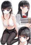  1girl bare_arms bare_shoulders black_hair black_legwear blue_eyes book book_stack bow bowtie bra braid breasts cleavage collarbone collared_shirt hand_on_own_chin highres holding kfr large_breasts long_hair long_sleeves looking_at_viewer multiple_views open_mouth original pantyhose shirt stomach thighband_pantyhose underwear white_bra white_shirt 